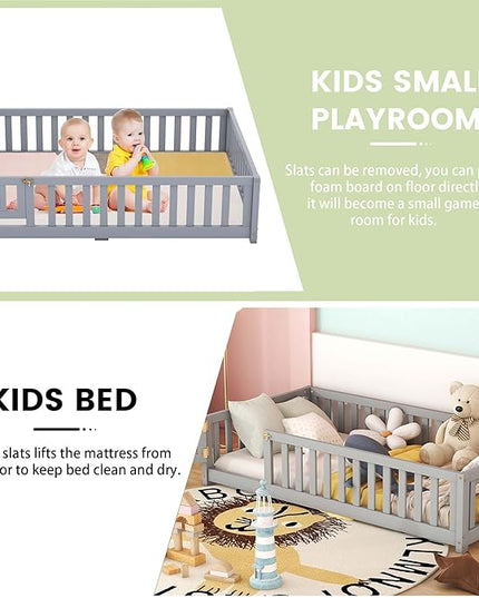 Multifunctional Full Size Floor Bed with Safety Guardrails and Door, Removable Wood Slats, Montessori Beds Frame for Toddlers, for Boys and Girls, Gray - LeafyLoom