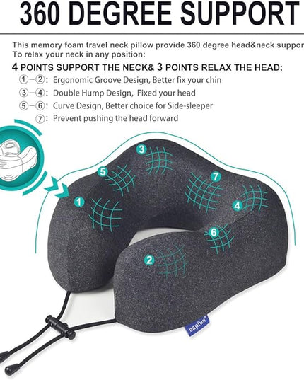 napfun Travel Pillow, Travel Accessories & Travel Essentials for Airplane Upgraded 100% Pure Memory Foam Travel Neck Pillow for Flight Headrest Sleep, Portable Plane Necessities, Full Black - LeafyLoom