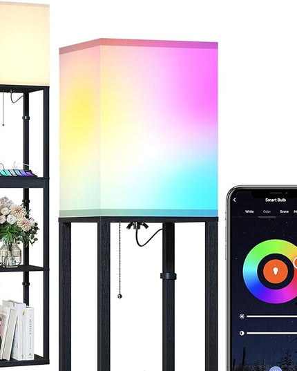 SUNMORY Floor Lamp with Shelves, RGB Light Dimmable Standing Lamp with APP Control, Tall Shelf Lamp for Living Room and Bedroom, Home Decor (Black) - LeafyLoom
