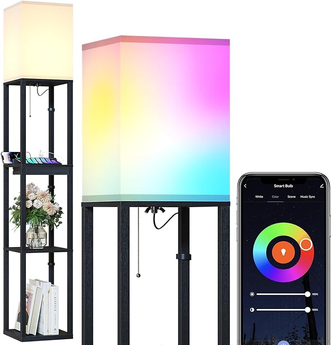 SUNMORY Floor Lamp with Shelves, RGB Light Dimmable Standing Lamp with APP Control, Tall Shelf Lamp for Living Room and Bedroom, Home Decor (Black) - LeafyLoom