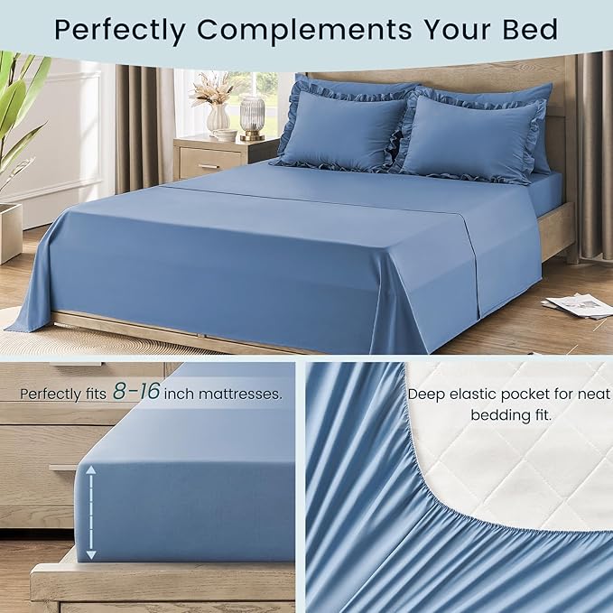 King Size Bed in a Bag 7 Pieces King Size Comforter Set, Ruffle Shabby Chic Bedding Comforter Set Blue Bed Set with Comforter, Pillowcases, Flat Sheet, Fitted Sheet and Pillow Shams - LeafyLoom