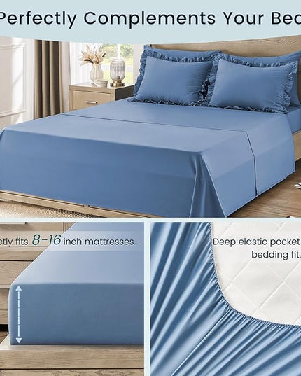 California King Bed in a Bag 7 Pieces Cal King Comforter Set, Ruffle Shabby Chic Bedding Comforter Set Blue Bed Set with Comforter, Pillowcases, Flat Sheet, Fitted Sheet and Pillow Shams - LeafyLoom
