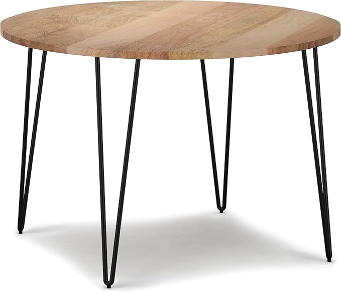SIMPLIHOME Hunter SOLID MANGO WOOD and Iron 45 Inch Round Industrial Dining Table in Natural, For the Dining Room - LeafyLoom