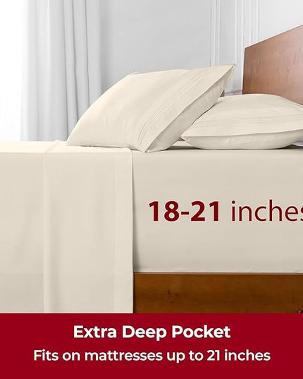 Mellanni Extra Deep California King Sheets - 4 PC Iconic Collection Bedding Sheets & Pillowcases - Luxury, Ultra Soft, Cooling Bed Sheets - Extra Deep Pocket up to 21 inch (Cal King, Golden Ivory) - LeafyLoom