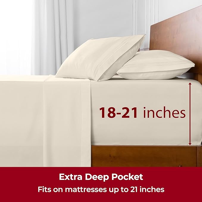 Mellanni Extra Deep California King Sheets - 4 PC Iconic Collection Bedding Sheets & Pillowcases - Luxury, Ultra Soft, Cooling Bed Sheets - Extra Deep Pocket up to 21 inch (Cal King, Golden Ivory) - LeafyLoom