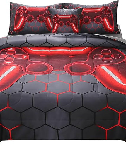 JQinHome Queen Gamer Comforter Set for Boys Girls Kids,6 Piece Bed in A Bag 3D Video Game Bedding -All Season Soft Microfiber Down Alternative Comforter Gamer Bedding Sets with Sheets （Red） - LeafyLoom