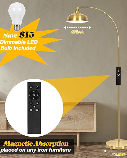 Gold Floor Lamps for Living Room- Arc Floor Lamps with 9W Bulb, 360° Adjustable Metal Shade, Remote Control Dimmable Floor Lamp, Over Couch Mid Century Modern Brass Floor Lamp for Bedroom, Office - LeafyLoom