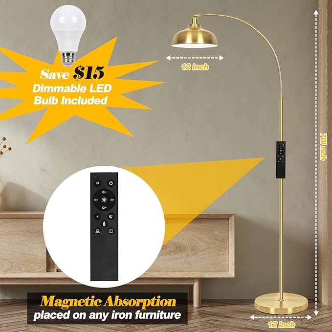 Gold Floor Lamps for Living Room- Arc Floor Lamps with 9W Bulb, 360° Adjustable Metal Shade, Remote Control Dimmable Floor Lamp, Over Couch Mid Century Modern Brass Floor Lamp for Bedroom, Office - LeafyLoom