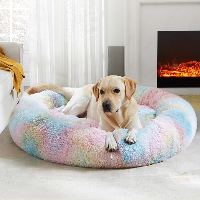 WESTERN HOME WH Calming Dog & Cat Donut Cuddler, Anti-Anxiety Warming Cozy Soft Round Bed, Fluffy Faux Fur Plush Cushion for Small Medium Dogs and Cats WESTERNHOME