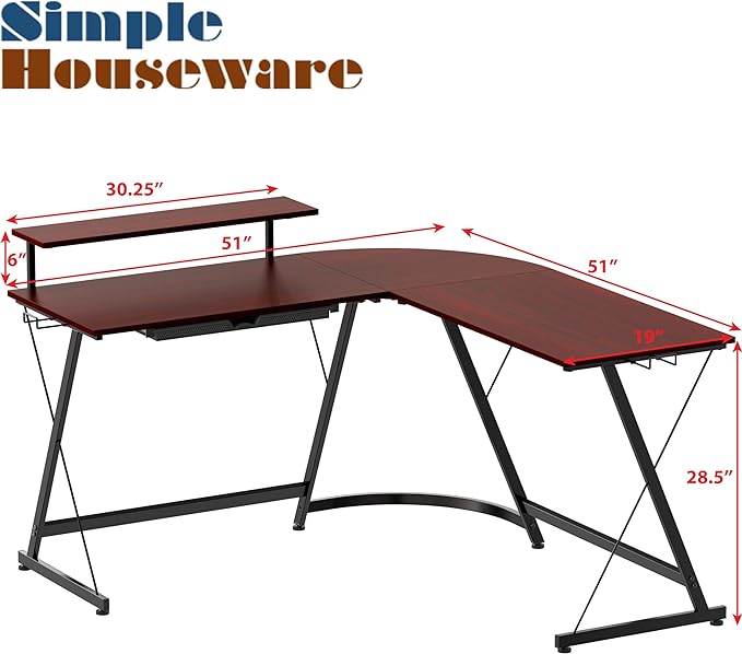 SHW Vista L-Shape Desk with Monitor Stand, Cherry - LeafyLoom