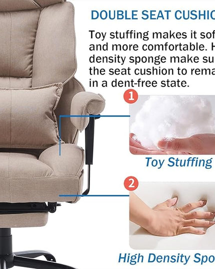 Fabric Office Chair, Big and Tall Office Chair 400 lb Weight Capacity, High Back Executive Office Chair with Foot Rest, Ergonomic Office Chair for Back Pain Relief, Beige - LeafyLoom