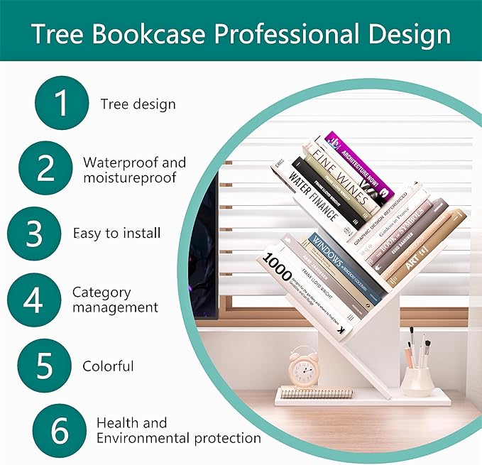 Tree Bookshelf, 3-Tier Book Storage Organizer Shelves Floor Standing Bookcase, Wood Storage Rack for Office Home School Shelf Display for Cd/Magazine（White） - LeafyLoom