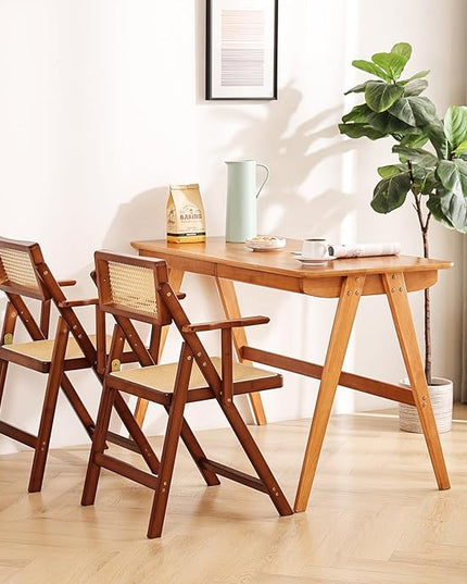 Rattan Folding Dining Chairs Set of 2, Modern Mid Century Dining Chairs with Arms, Outdoor Bamboo Chairs for Bedroom, Living Room, Reading Room, Walnut - LeafyLoom