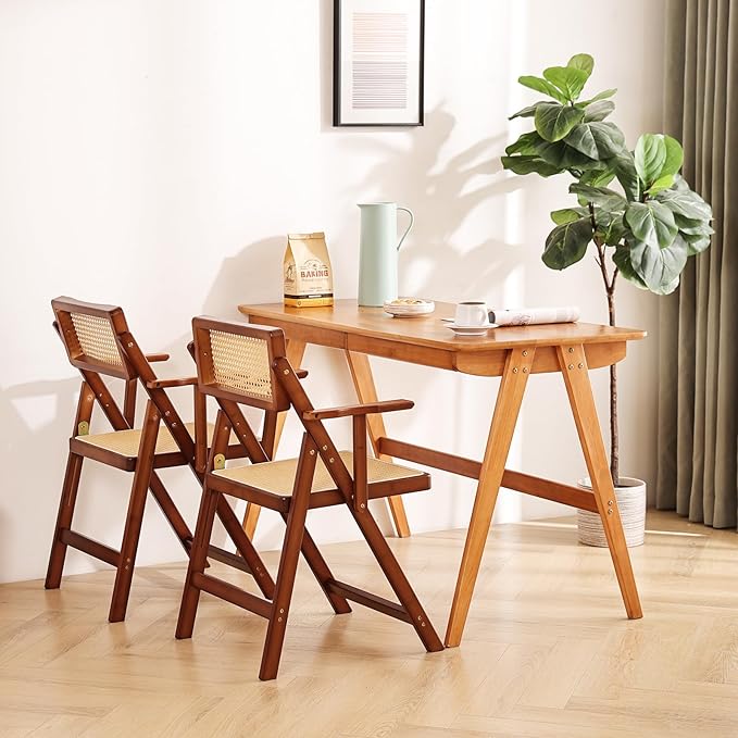 Rattan Folding Dining Chairs Set of 2, Modern Mid Century Dining Chairs with Arms, Outdoor Bamboo Chairs for Bedroom, Living Room, Reading Room, Walnut - LeafyLoom