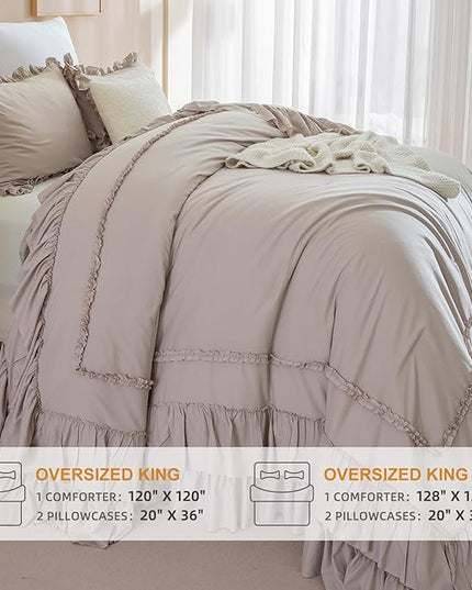 Oversized King Comforter 120x120,3 Pieces Farmhouse Taupe Ruffle Bedding Comforter,Oversized Shabby Boho Chic Cal King Bed Comforter,Lighteweight and Soft Microfiber Bedding Set - LeafyLoom