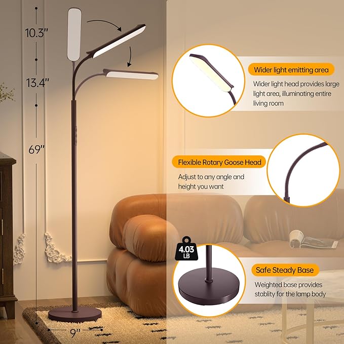 LED Floor Lamp, 18W Super Bright Floor Lamp for Living Room, Adjustable Stepless Colors & Brightness Gooseneck Standing Lamp, Eye Caring Reading Light with Remote& Touch Control for Bedroom Office - LeafyLoom