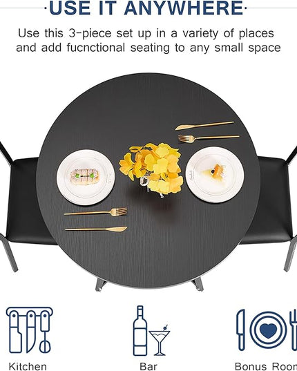 VECELO 3 Piece Kitchen Dining Room Set, Wood Round Table for Breakfast Nook Small Space, Dinette with 2 Cushioned Chairs, Matte Black - LeafyLoom