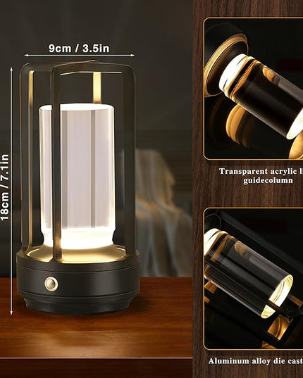 Portable Metal Table Lamp,Cordless Table Lamp, Rechargeable Battery Powered Portable LED Desk Lamp, 3 Color Stepless Dimming Touch, for Bedroom Restaurant Home Outdoor(Black) - LeafyLoom