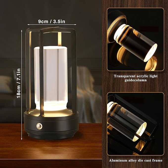 Portable Metal Table Lamp,Cordless Table Lamp, Rechargeable Battery Powered Portable LED Desk Lamp, 3 Color Stepless Dimming Touch, for Bedroom Restaurant Home Outdoor(Black) - LeafyLoom