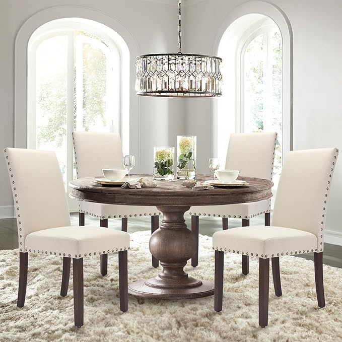 COLAMY Modern Wood Dining Chairs Set of 2, Parsons Dining Chairs, 19 Inch Padded Dining Chairs with Nailed Trim for Kitchen Dining Living Room, Beige - LeafyLoom