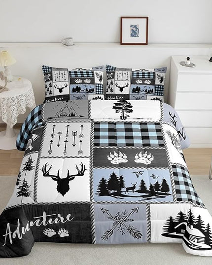 Deer Bear Kids Comforter Set Full Size,Hunting Adventure Rustic Farmhouse Bedding Set for Boys Girls Adults Room Decor,Geometric Plaid Patchwork Down Comforter,Blue Xmas Duvet Insert,2 Pillowcases - LeafyLoom