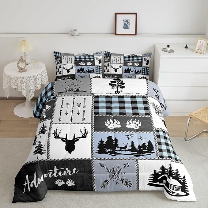 Deer Bear Kids Comforter Set Queen Size,Hunting Adventure Rustic Farmhouse Bedding Set for Boys Girls Adults Room Decor,Geometric Plaid Patchwork Down Comforter,Blue Xmas Duvet Insert,2 Pillowcases - LeafyLoom