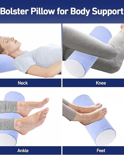 Neck Roll Pillow for Sleeping - Memory Foam Neck Roll Pillow for Neck & Leg Support - Multifunctional Bolster Pillow for Bed, Couch, Yoga, Office, and Travel, 16x6.3 Inch (Blue White) - LeafyLoom