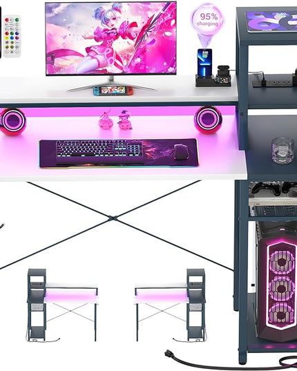 armocity 2024 Upgrade Gaming Desk with LED Lights, Small Computer Desk with Long Monitor Stand, 40'' Reversible Laptop Table with Shelves, Small Desk for Small Spaces, Gaming Room, White and Blue - LeafyLoom