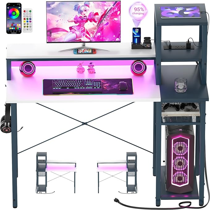 armocity 2024 Upgrade Gaming Desk with LED Lights, Small Computer Desk with Long Monitor Stand, 40'' Reversible Laptop Table with Shelves, Small Desk for Small Spaces, Gaming Room, White and Blue - LeafyLoom