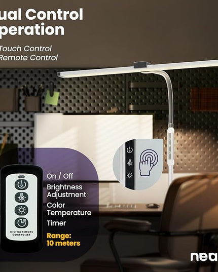 Neatfi Modern Desk Lamp with Clamp, Touch & Remote Controlled, 15W, Adjustable Color Temperature (3000K-6000K), Stepless Dimming, Flicker-Free, Wide-Angle Lighting for Home (Gooseneck, Silver) - LeafyLoom