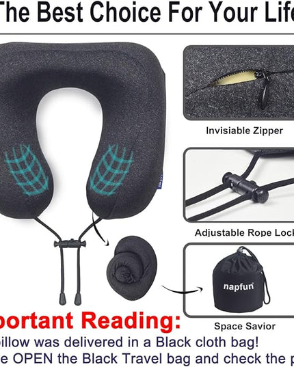 napfun Travel Pillow, Travel Accessories & Travel Essentials for Airplane Upgraded 100% Pure Memory Foam Travel Neck Pillow for Flight Headrest Sleep, Portable Plane Necessities, Full Black - LeafyLoom
