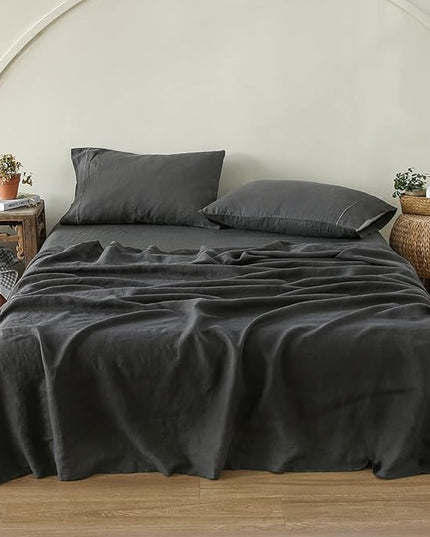Simple&Opulence 100% Washed Linen Sheet Set-King Size-Natural France Flax Bed Sheet-4 Pcs Breathable,Ultra Soft,Farmhouse Bedding (1 Flat Sheet,1 Fitted Sheet,2 Pillowcases)-Embroidery Dark Grey - LeafyLoom