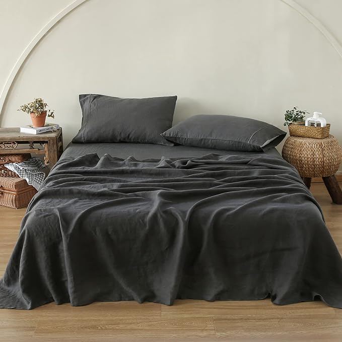 Simple&Opulence 100% Washed Linen Sheet Set-King Size-Natural France Flax Bed Sheet-4 Pcs Breathable,Ultra Soft,Farmhouse Bedding (1 Flat Sheet,1 Fitted Sheet,2 Pillowcases)-Embroidery Dark Grey - LeafyLoom
