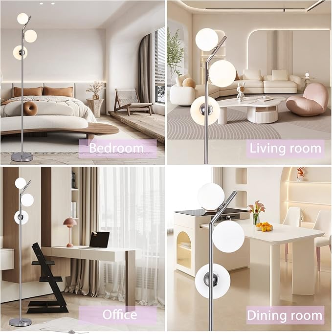 Modern Floor Lamp, LED Standing Tall Pole Lamp with Glass Shade, Elegant Mid Century Modern Floor Lamps for Living Room,Bedroom,Office,3 Lights (Bulbs Included) - LeafyLoom