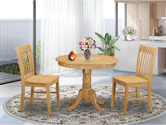 East West Furniture ANNO3-OAK-W 3 Piece Room Set Contains a Round Wooden Table with Pedestal and 2 Kitchen Dining Chairs, 36x36 Inch - LeafyLoom