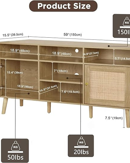 Anmytek Rattan TV Stand for TV up to 65inch,30'' Tall Farmhouse TV Stand Mid Century Modern TV Stand with Storage TV Console Entertainment Center Media Cabinet for Living Room Bedroom - LeafyLoom