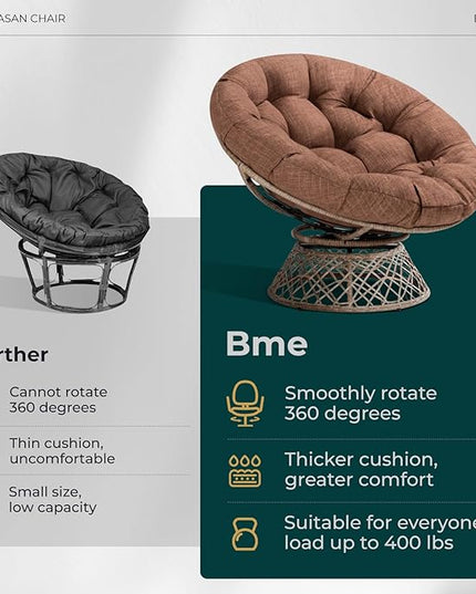 Bme 40" Ergonomic Wicker Papasan Chair with Soft Thick Density Fabric Cushion, High Capacity Steel Frame, 360 Degree Swivel for Living, Bedroom, Reading Room, Lounge, Cinnamon Mocha - Brown Base - LeafyLoom