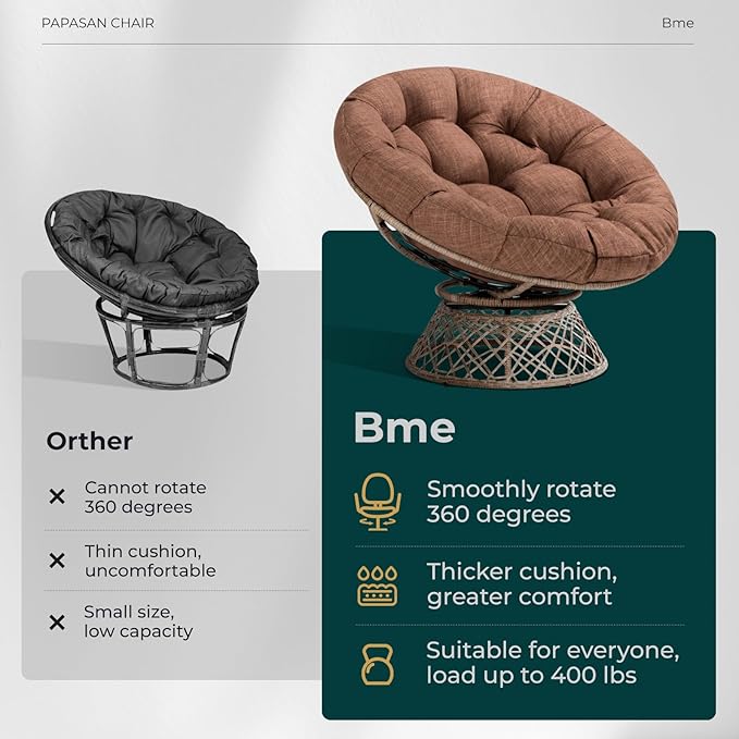 Bme 40" Ergonomic Wicker Papasan Chair with Soft Thick Density Fabric Cushion, High Capacity Steel Frame, 360 Degree Swivel for Living, Bedroom, Reading Room, Lounge, Cinnamon Mocha - Brown Base - LeafyLoom