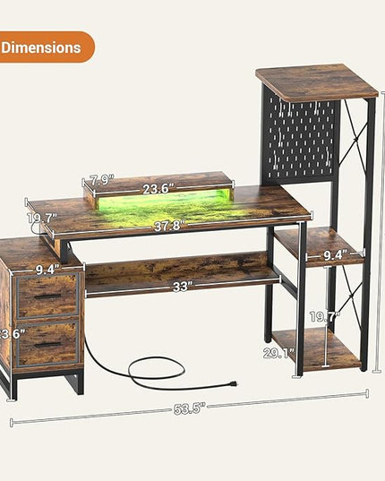 Computer Desk with 2 Fabric Drawers - Reversible Home Office Desk with Power Outlet & LED Lights, 53" Writing Desk with Monitor Stand & Storage Shelves, Gaming Desk with Pegboard, Rustic Brown - LeafyLoom