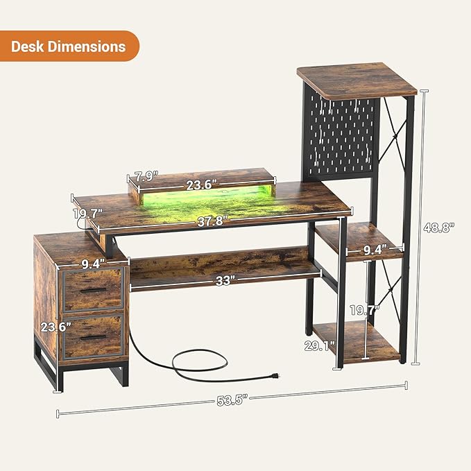 Computer Desk with 2 Fabric Drawers - Reversible Home Office Desk with Power Outlet & LED Lights, 53" Writing Desk with Monitor Stand & Storage Shelves, Gaming Desk with Pegboard, Rustic Brown - LeafyLoom