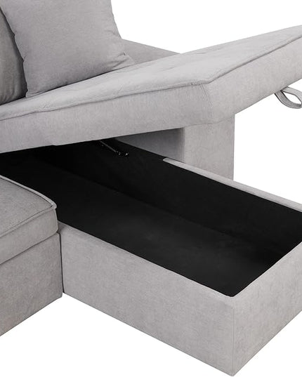 L Shaped Reversible Sleeper Sectional Sofa Pull Out Couch Bed with Storage Chaise Lounge and 2 Stools, Button Tufted Chenille Upholstered Convertible Pullout Sofabed for Living Room Office - LeafyLoom