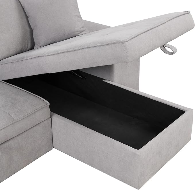 L Shaped Reversible Sleeper Sectional Sofa Pull Out Couch Bed with Storage Chaise Lounge and 2 Stools, Button Tufted Chenille Upholstered Convertible Pullout Sofabed for Living Room Office - LeafyLoom