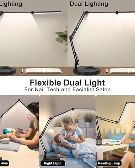 2-in-1 Desk Lamps for Nail Tech, 24W Large LED Desk Lamp with Remote Control, Dual Architect Lamp, 5 Colors Stepless Dimming Sleep Mode and Memory Function Workbench Light for Beauty Salon Home Office - LeafyLoom