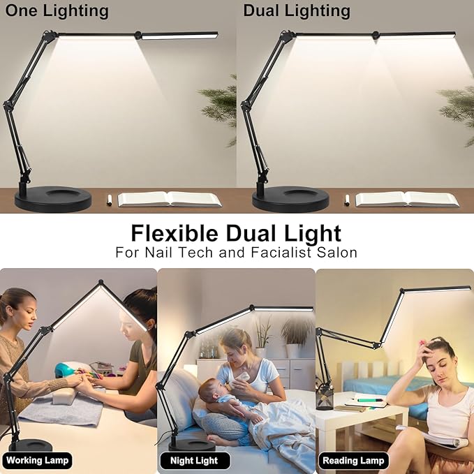 2-in-1 Desk Lamps for Nail Tech, 24W Large LED Desk Lamp with Remote Control, Dual Architect Lamp, 5 Colors Stepless Dimming Sleep Mode and Memory Function Workbench Light for Beauty Salon Home Office - LeafyLoom