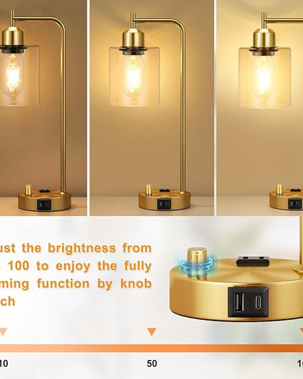 Innqoo Gold Table Lamp for Bedroom - Industrial Bedside Lamp with USB Port and Outlet, Fully Dimmable Nightstand Lamp with Clear Glass Shade, Small Desk Lamps for Home Office - LeafyLoom