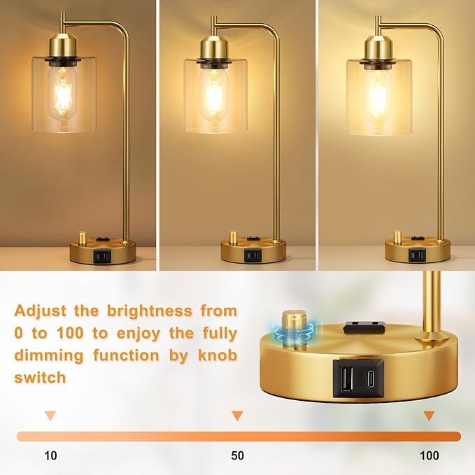 Innqoo Gold Table Lamp for Bedroom - Industrial Bedside Lamp with USB Port and Outlet, Fully Dimmable Nightstand Lamp with Clear Glass Shade, Small Desk Lamps for Home Office - LeafyLoom