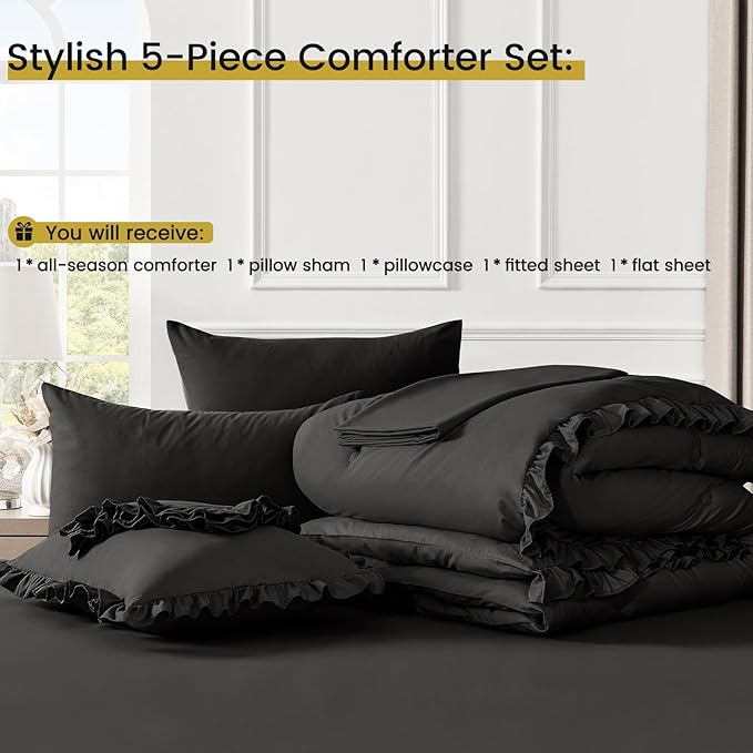 Twin Bed in a Bag 5 Pieces Comforter Set Twin, Ruffle Shabby Chic Bedding Comforter Set Black Bed Set with Comforter, Pillowcase, Flat Sheet, Fitted Sheet and Pillow Sham - LeafyLoom