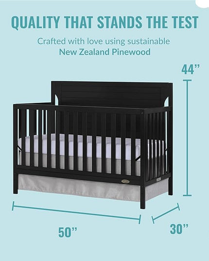 Cape Cod 5-In-1 Convertible Crib In Black, Greenguard Gold And JPMA Certified, Built Of Sustainable New Zealand Pinewood, 3 Mattress Height Positions - LeafyLoom
