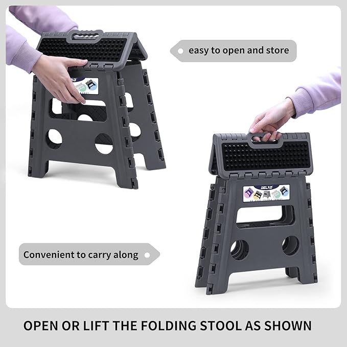 Delxo Folding Step Stool 13 inch Height Heavy Duty Foldable Step Stools for Adults and Kids,Kitchen Small Collapsible Fold Up Stepping Stool 1 Pack in Grey Dotted Texture - LeafyLoom
