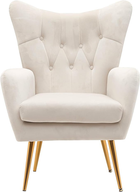 US Pride Furniture Modern Accent Chair with Ergonomic High Wingback, Microfiber Upholstered Armchair with Metal Legs for Living Room, Bedroom, Office or Vanity, Ivory - LeafyLoom